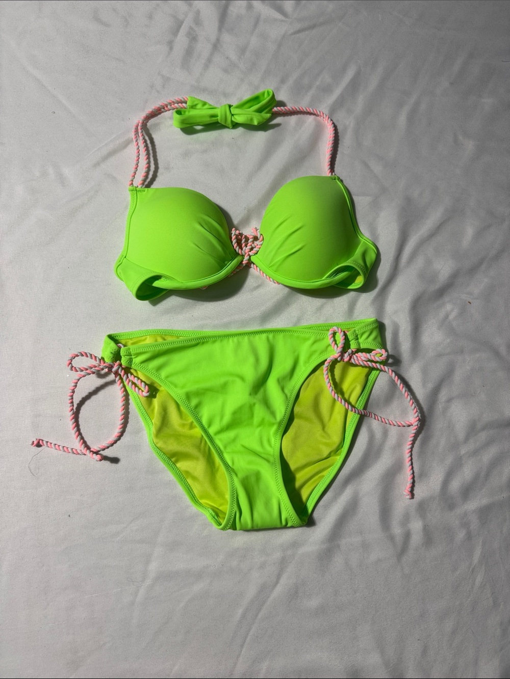 Victoria’s Secret Neon Lime Green Bikini Set Retro 32B Small Strappy 2000s NWOT